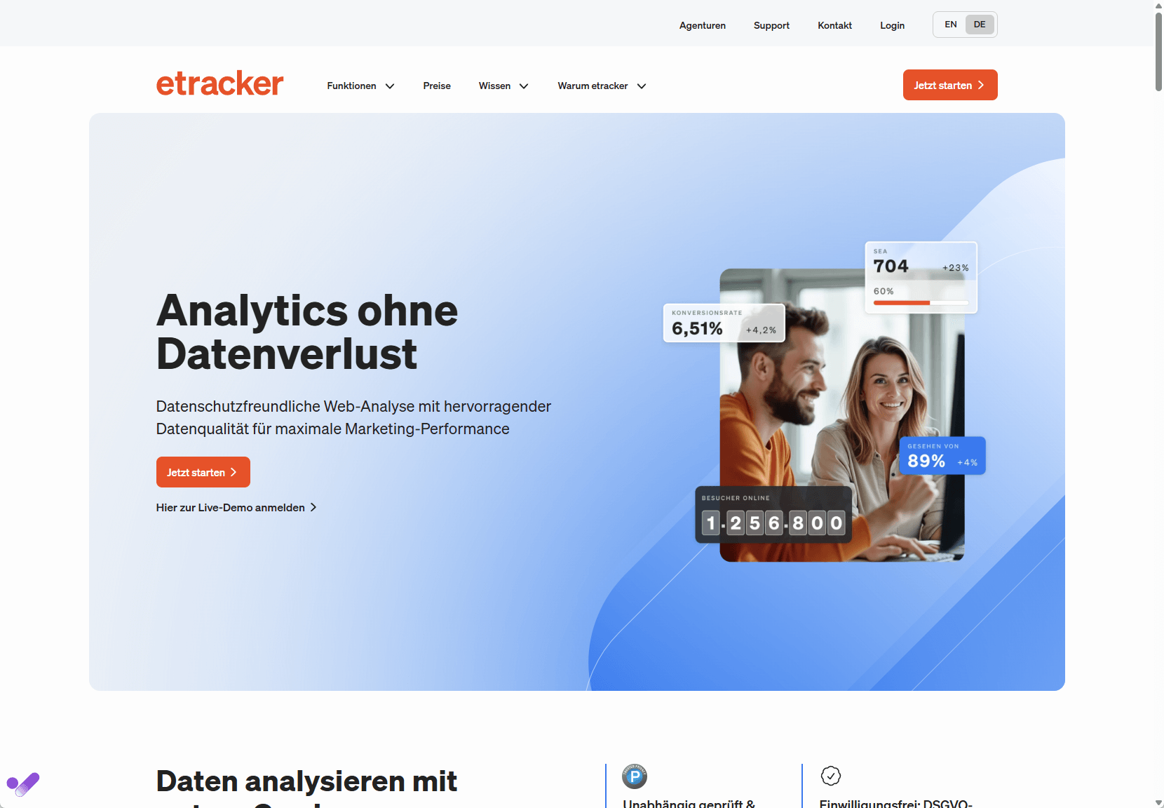 Screenshot etracker Website