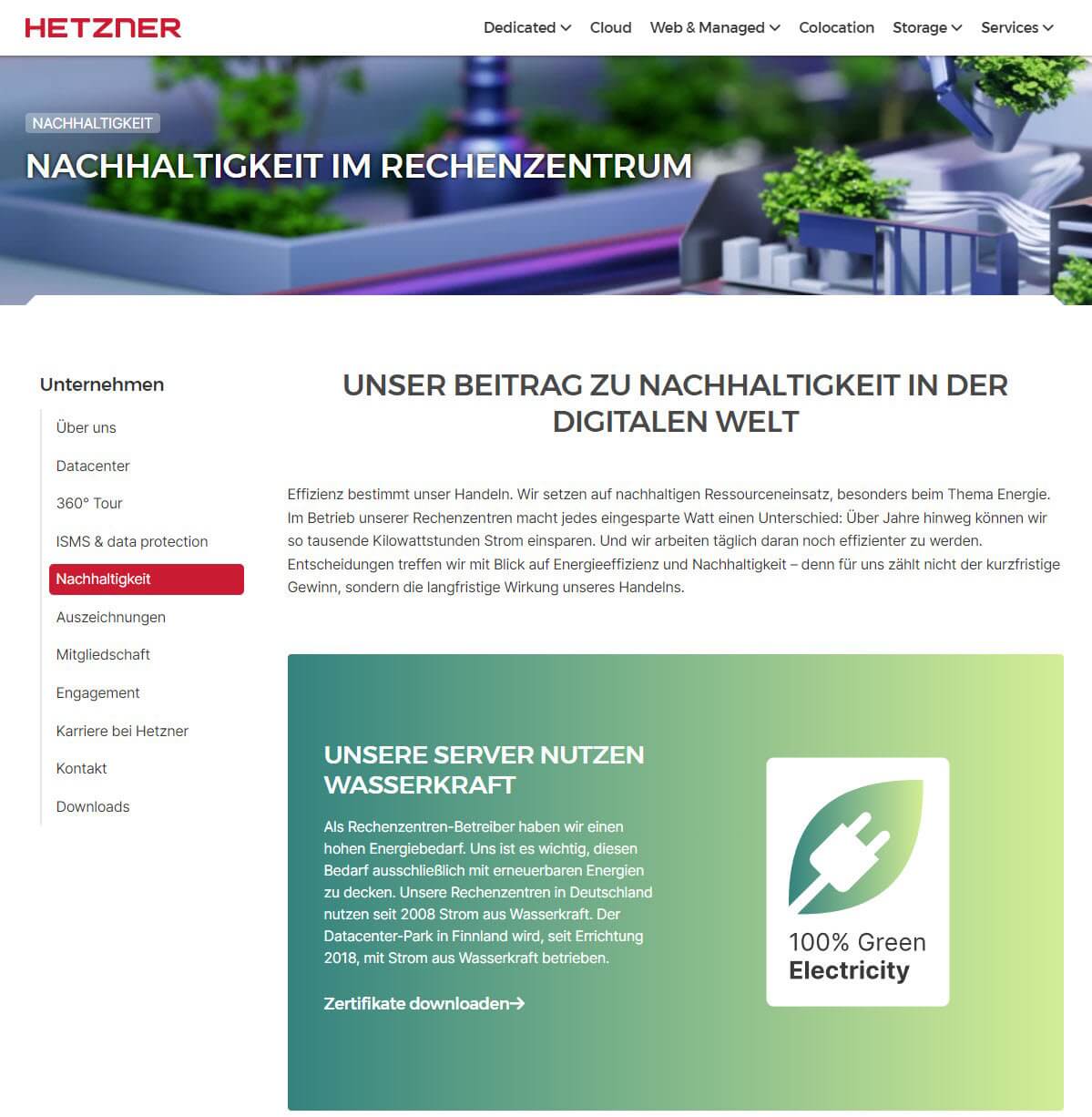 Screenshot der Hetzner Webseite über Nachhaltigkeit