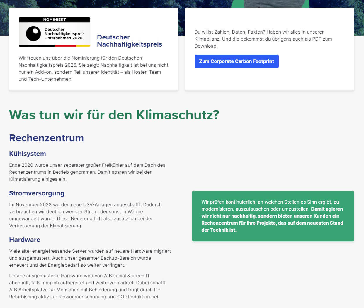 Screenshot, Ausschnitt aus der Webseite Mittwald / Nachhaltiges Webhosting